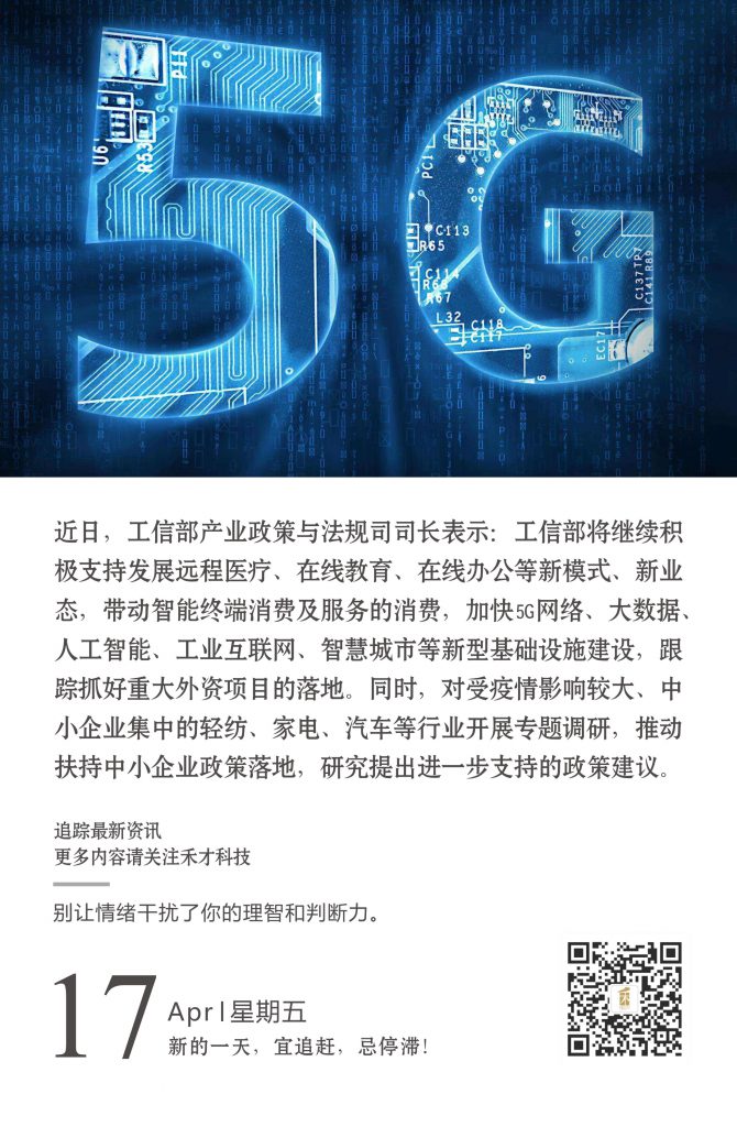 4.17快讯：工信部：加快5g网络、大数据、人工智能等新型基础设施建设。